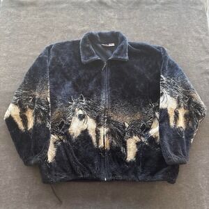Vintage Mazmania Fleece Jacket Horse Graphic Print Full Zip Blue Made in USA XL